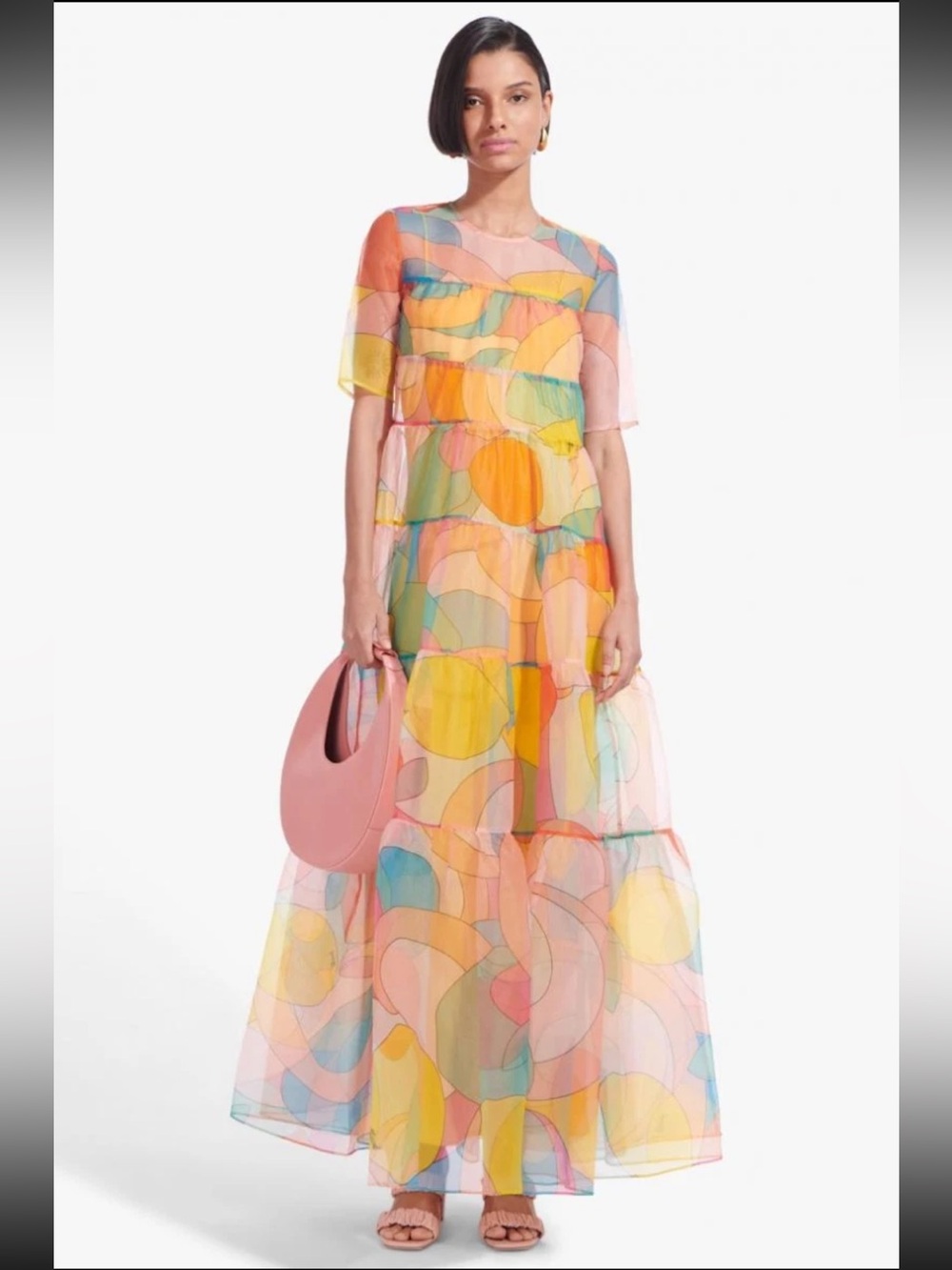 NWT STAUD Hyacinth Tiered Abstract-Print Maxi Dress Citrus Kaleidoscope XS